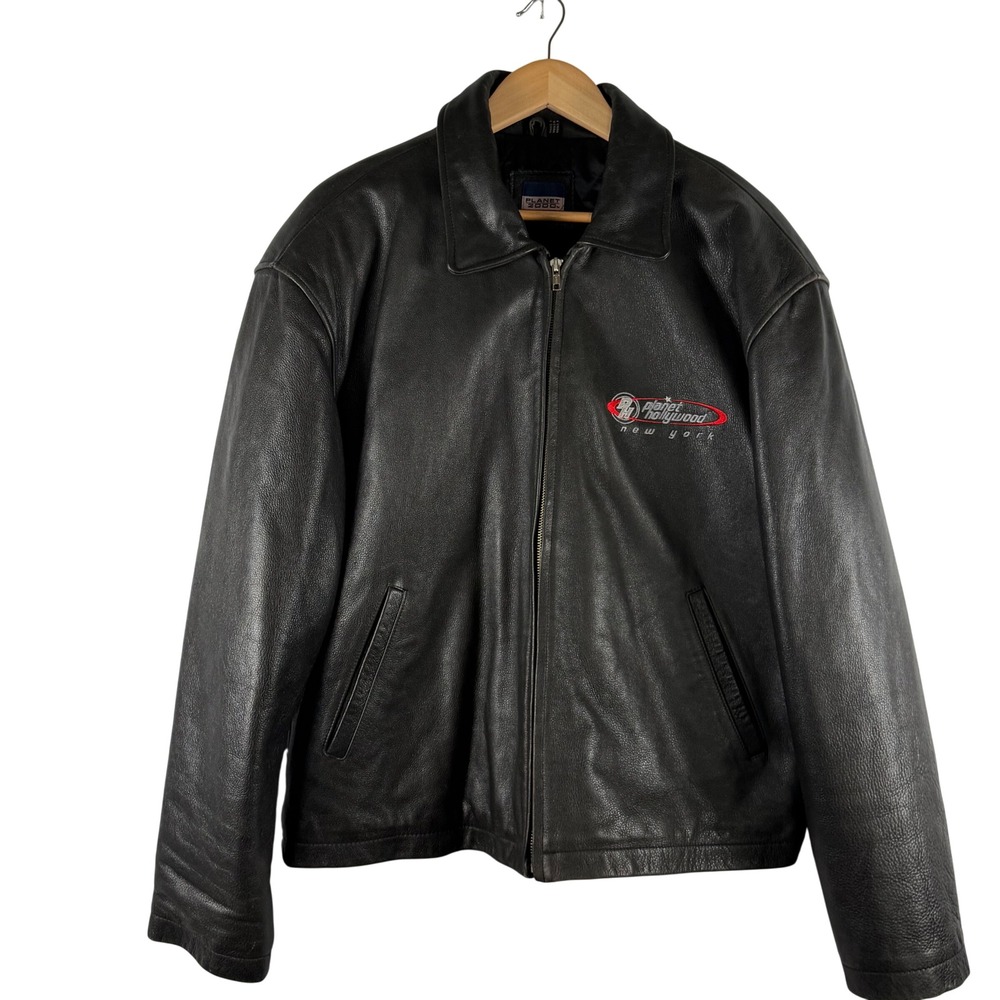 Vintage Planet Hollywood Leather Jacket Heavyweight Quilted Y2K Black Mens L